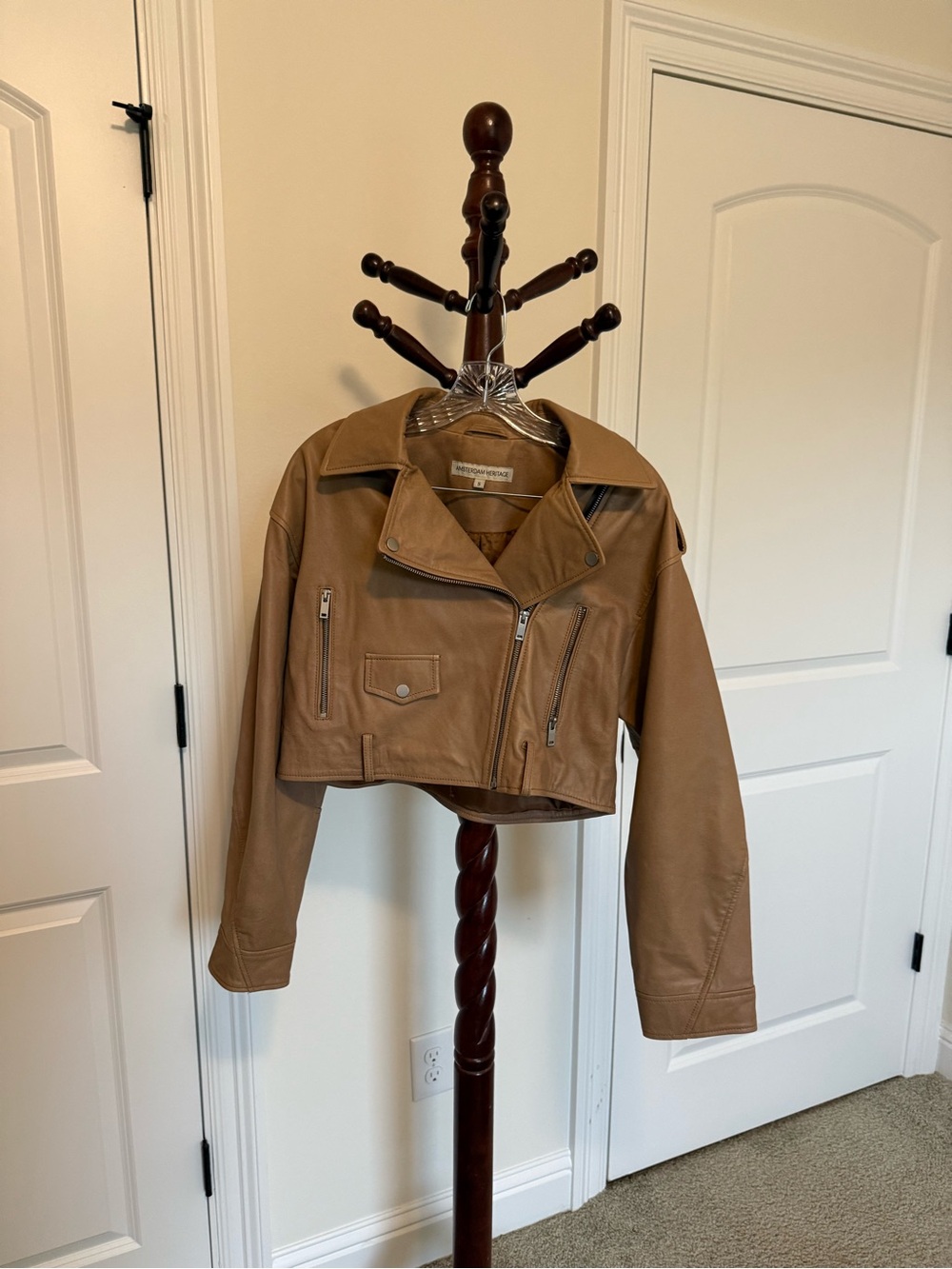 Cropped Brown Leather Moto Jacket